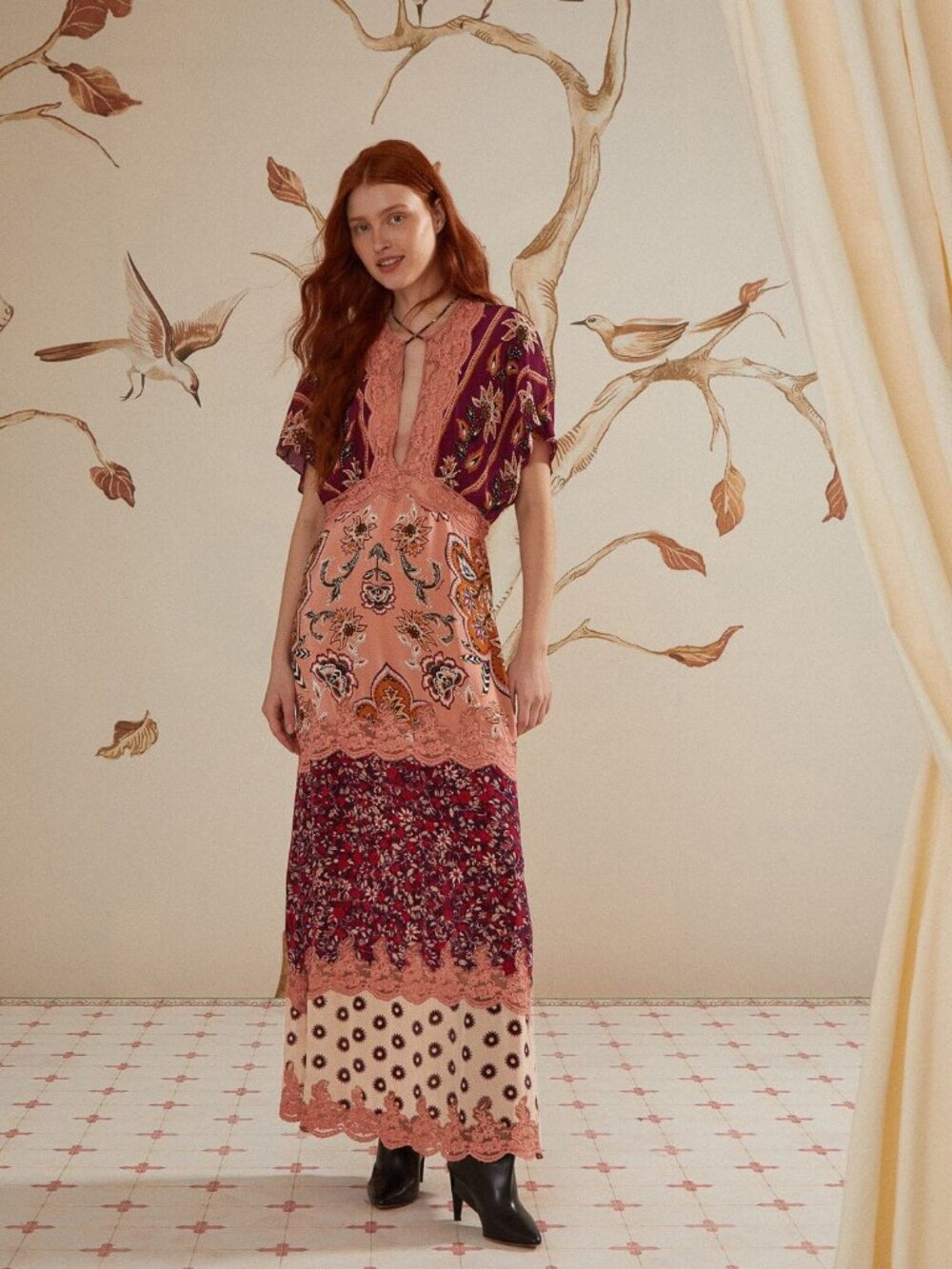 Farm Rio Glam Tapestry Laces Short-Sleeve Maxi Dress Pink